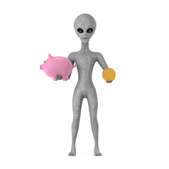 Poster - scary gray humanoid alien cartoon character person mascot with piggy bank and golden dollar coin. 3d