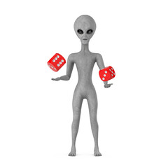 Poster - Scary Gray Humanoid Alien Cartoon Character Person Mascot with Red Game Dice Cubes in Flight. 3d Rendering