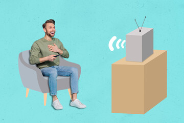 Wall Mural - Collage picture of positive excited guy sit chair hold remote control watch tv impressed reaction isolated on drawing background