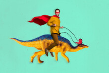 Composite Collage Picture Of Excited Guy Wear Red Mantle Riding Dinosaur Isolated On Creative Background