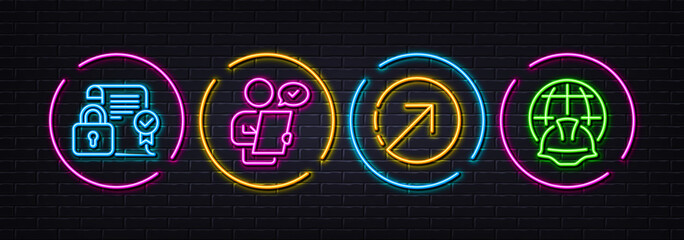 Poster - Direction, Security contract and Customer survey minimal line icons. Neon laser 3d lights. Global engineering icons. For web, application, printing. Navigation pointer, Private lock, Contract. Vector