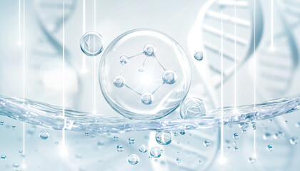 Wall Mural - Cosmetic Essence, Blue Molecule in Liquid bubble, cosmetic concept background, 3d rendering.