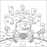 Fototapeta Dinusie - Cute little fox cartoon having fun driving off road car on sunny day. Cartoon isolated vector illustration, Creative vector Childish design for kids activity colouring book or page.