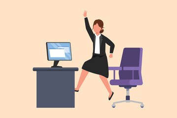 Wall Mural - Business design drawing happy businesswoman jumping and dancing on her workplace. Cute female manager celebrating success of increasing company's product sales. Flat cartoon style vector illustration