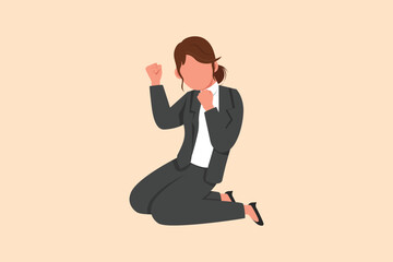 Wall Mural - Business flat cartoon drawing happy businesswoman kneeling with gesture of both hands yes. Worker celebrates salary increase from company. Success business target. Graphic design vector illustration