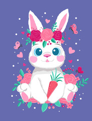 Wall Mural - Cute Bunny and flowers. print design rabbit vector illustration