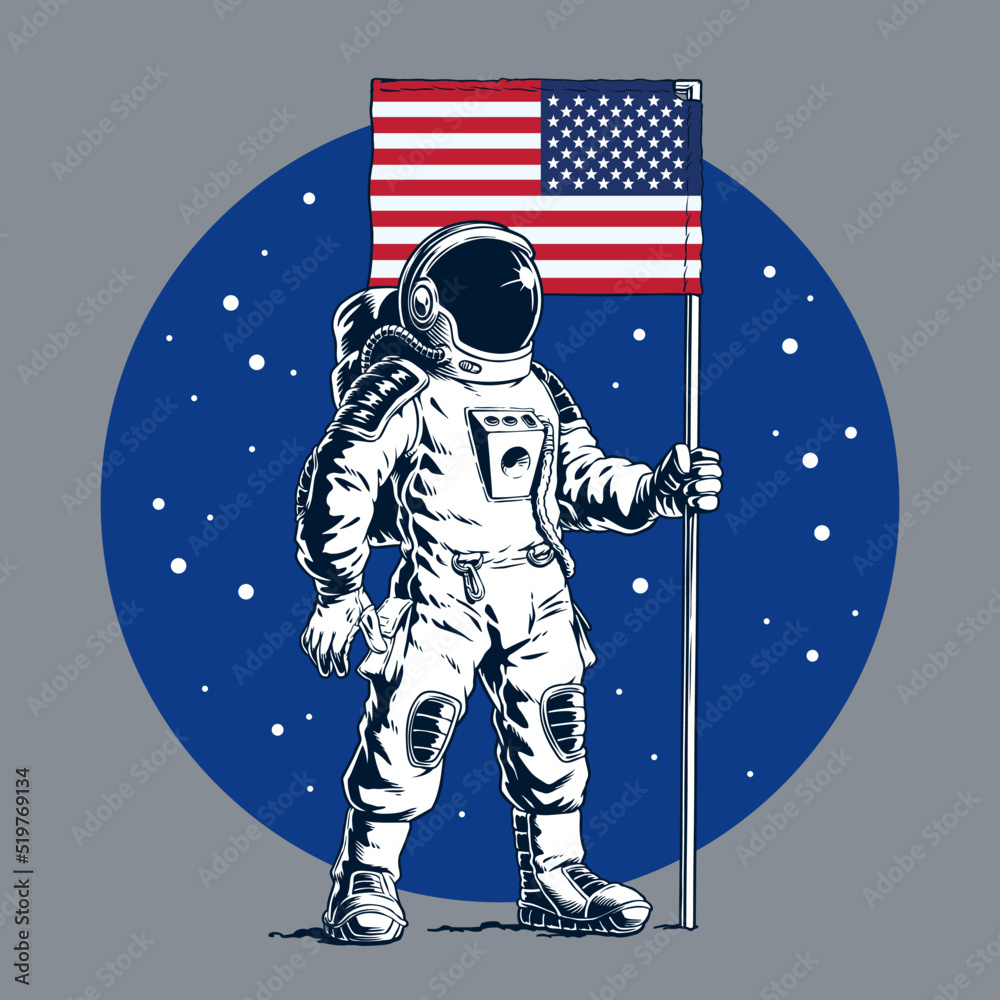 Astronaut with american flag standing on moon or another planet. Vector ...