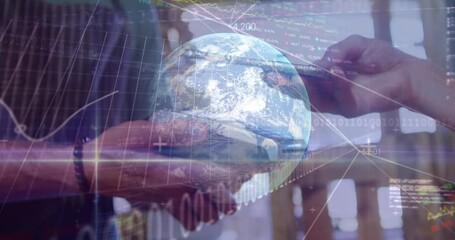 Poster - Animation of stock market data processing over mid section of woman making a payment by credit card