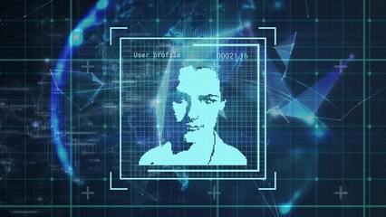 Poster - Animation of multiple profile icons with data processing over spinning globe against blue background