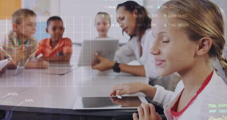 Poster - Animation of stock market data processing over caucasian girl using digital tablet at school