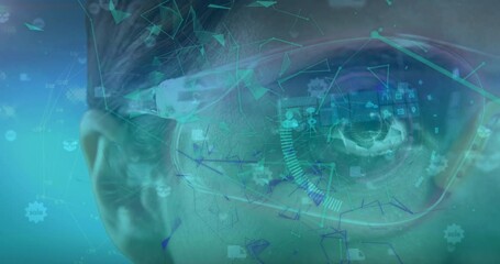 Poster - Animation of plexus networks over close up of a woman wearing futuristic glasses