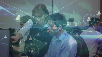 Poster - Animation of network of connections with icons and arrows over diverse students and teacher