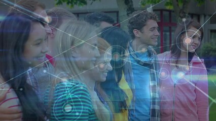 Poster - Animation of network of connections and light trails over diverse people