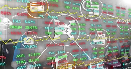 Poster - Animation of data processing and icons over diverse schoolchildren and teacher