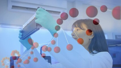 Canvas Print - Animation of dna strand over caucasian female doctor with test tubes