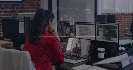 Poster - Animation of data processing over business people using phone headsets