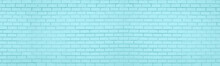 Light Teal Old Brick Wall Wide Texture. Pastel Aqua Color Large Masonry. Pale Turquoise Panoramic Background