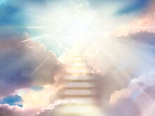 Illustration Of The Mysterious Gate Leading To  The Heaven And The Divine Light Shining Through A Gap In The Sea Of Clouds Beyond The Falling White．
