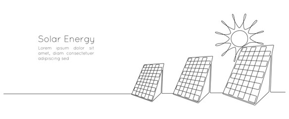 Poster - One continuous line drawing of Solar panel with sun. Green clean energy in simple linear style. Renewable and sustainable resources web banner. Editable stroke. Outline vector illustration