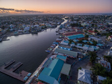 Caribbean Sea And Belize Cityscape. Evening Sky