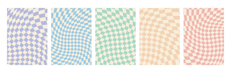 A set of chess board backgrounds in pale pastel colors. Clockwork chessboard pattern in hippie style. Retro-psychedelic design of the 60-70s. A collection of vector wallpapers in a cage.