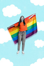 Vertical Creative Collage Portrait Of Excited Positive Girl Black White Gamma Arms Hold Lgbt Flag Isolated On Painted Clouds Sky Background