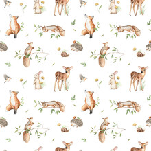 Woodland Seamless Pattern With Wild Baby Animals. Hand Drawn Watercolor Illustration On White Background. Fawn, Hedgehog, Fox, Bunny, Squirrel, Bird, Snail, Forest Flora