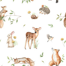 Watercolor Seamless Pattern With Hand Drawn Wild Woodland Baby Animals. Fawn, Hedgehog, Fox, Bunny, Squirrel, Bird, Snail, Forest Flora. Nursery Print, Card, Paper, Textile