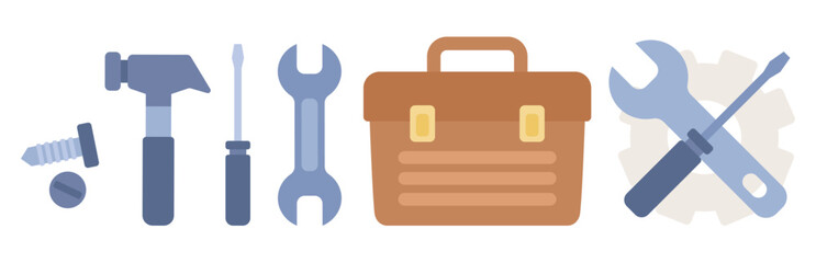 Handyman services icon set. Home service concept. Wrench, screwdriver, hammer, tool box. Vector flat illustration 