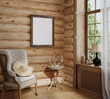 canvas print picture Home mockup, cozy log cabin interior background, 3d render