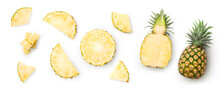 Whole And Sliced Pineapple Isolated On White Background. Top View.