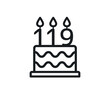 Birthday cake line icon with candle number 119 (one hundred and nineteen). Vector.