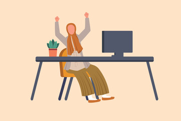 Wall Mural - Business design drawing happy Arabian businesswoman sitting with raised hands near table and computer. Worker celebrates salary increase. Business achievement. Flat cartoon style vector illustration