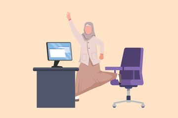 Wall Mural - Business design drawing happy Arab businesswoman jumping and dancing on her workplace. Female manager celebrating success of increasing company's product sales. Flat cartoon style vector illustration