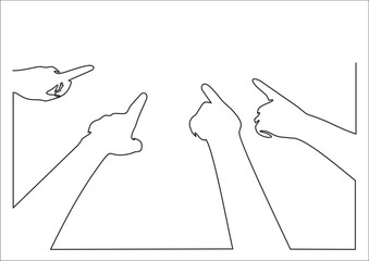 Canvas Print - Index fingers poke, point to the center. Many hands with exposed fingers, blame, show, are directed to one point. Vector illustration-continuous line drawing 