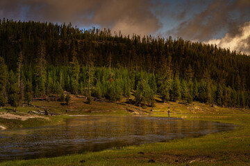 Poster - 2022-07-27 A LONE FLY FISHERMAN AT THE YELLOWSTONE RIVER WITH A TREE LINED RIDGE AND NICE SKY IN THE PARK