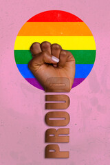 Sticker - Poster collage of human hand fist with word pride struggle for homosexual couple rights isolated pink color background