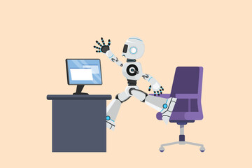 Wall Mural - Business flat drawing happy robot jumping and dancing on his workplace, computer desk. Celebrating success. Humanoid robot cybernetic organism. Robotic development. Cartoon design vector illustration