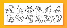 Throw Away Rubbish Set Icon. Box, Paper, Broken Glass, Bottle, Pour Into The River, Chemical Waste, Plastic, Cans, Trash Bin, Water Pollution. Recycling Concept. Vector Line Icon For Business