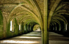 Fine Stone Vaulted Cellars Beneath The Lay Brothers Dormitory, Fountains Abbey, N. Yorkshire, England. Cistercian, Founded 1132.