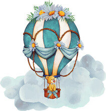 Illustration Of Teddy Bear In Blue Hot Air Balloon