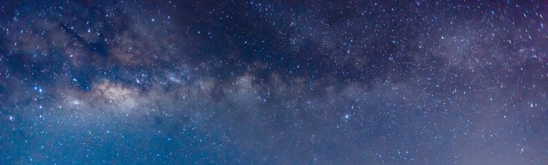 Panorama blue night sky milky way and star on dark background.Universe filled with stars, nebula and galaxy with noise and grain.