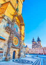 The Tynsky Church Behind The Of Prague Orloj Astronomical Clock, Prague, Czech Republic