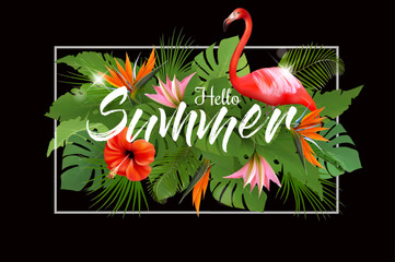 Aufkleber - Summer tropical holiday background with exotic palm leaves, flamingo and colorful flowers. Vector