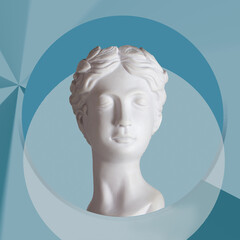 female antique statue's head on a blue graphic background. trendy collage in magazine style. contemp