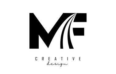 Creative black letters MF m f logo with leading lines and road concept design. Letters with geometric design.