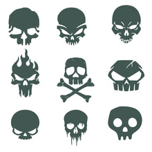 Set Of Nine Silhouettes Of Skulls With Bones