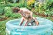 Brothers wrestle in children inflatable pool in cottage yard against lush greenery and flowers. Cheerful schoolboys have fun in water on summer in countryside. No logo