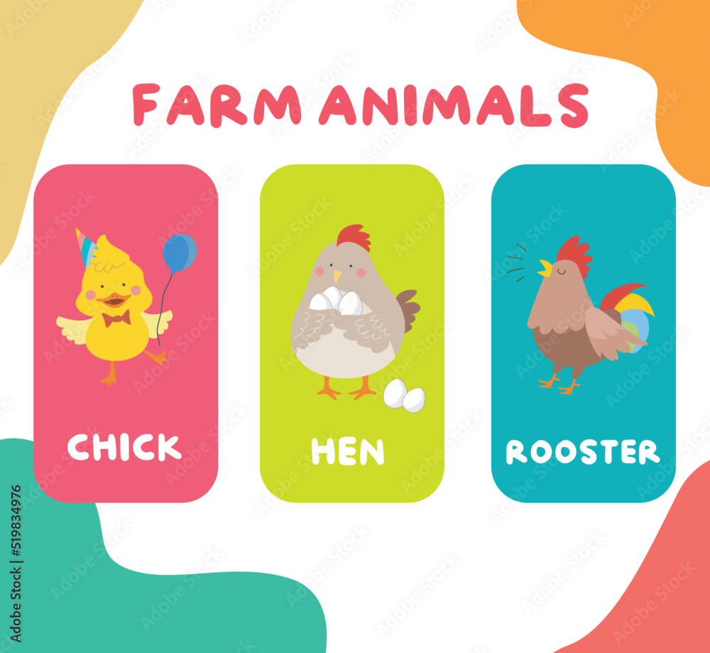 Cute farm animal flashcards for children. Printable colourful game ...