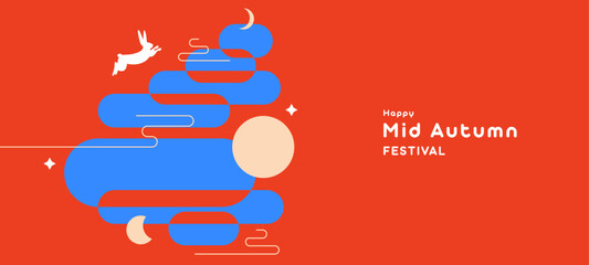 Aufkleber - Trendy Mid Autumn Festival design of background, greeting card, poster, flyer, holiday cover with moon, mooncake, cute rabbits in red, blue, 
beige colors. Chinese translation - Mid Autumn Festival